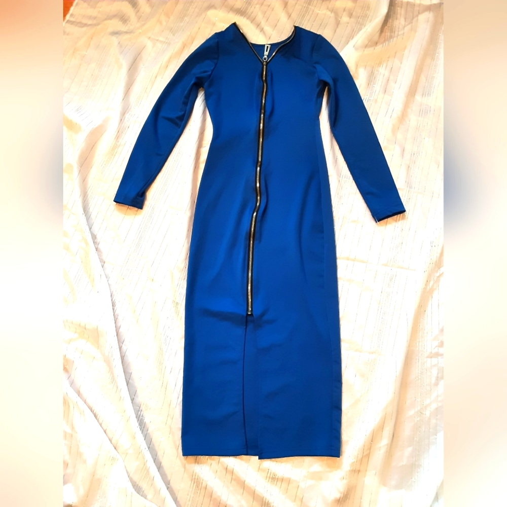 Blue Zip Front Dress Midi Dress.